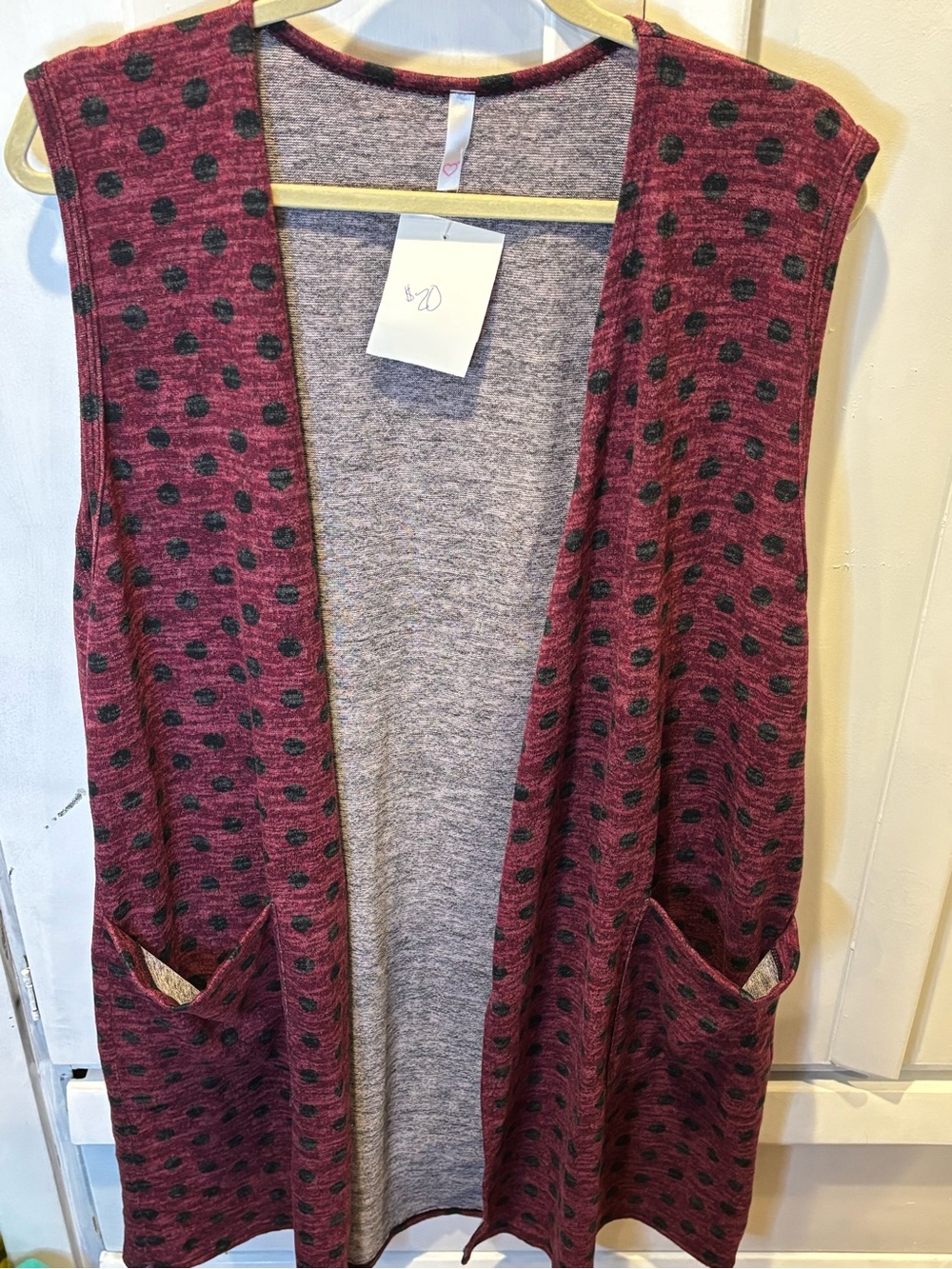 Sleeveless Open Front Cardigan Vest - Maroon with Black Dot Print
